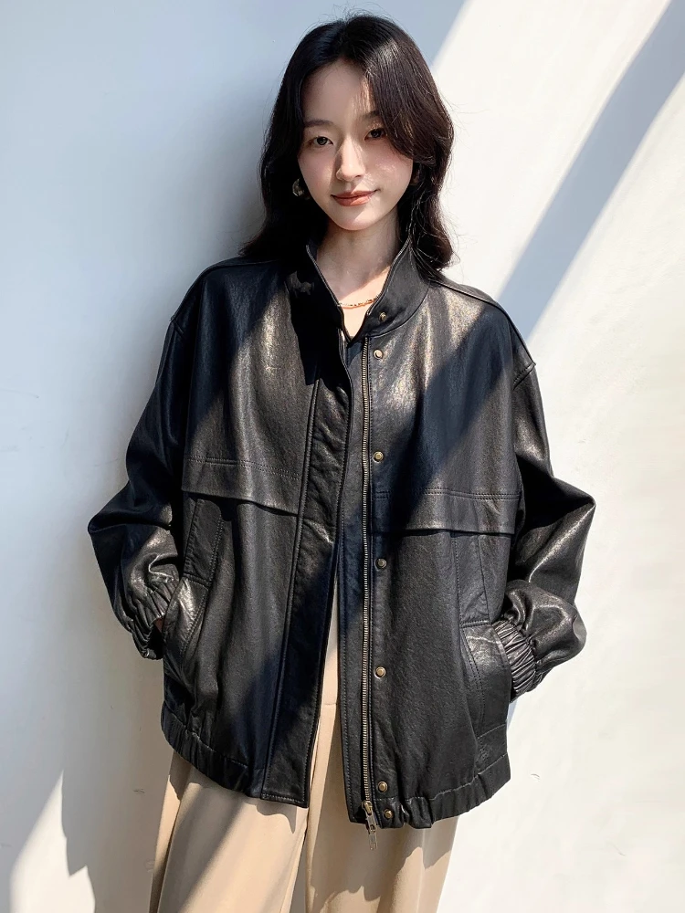 여성을위한 빈티지 정품 가죽 카고 재킷 봄 가을 하이 엔드 단순 스탠드 칼라 느슨한 부드러운 블랙 진짜 양피 코트