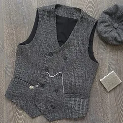 V Neck Men's  Suit Vests Herringbone Wool Tweed Double Breasted Waistcoat Tuxedo Groomsmen For  Wedding