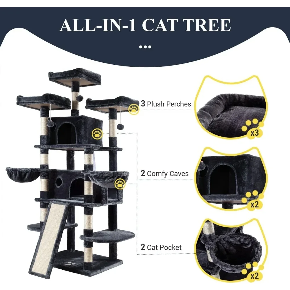68 Inches Cat Tree House with Condo, Scratching Post,, Multi-Level Towers for Cats - Smokey Grey