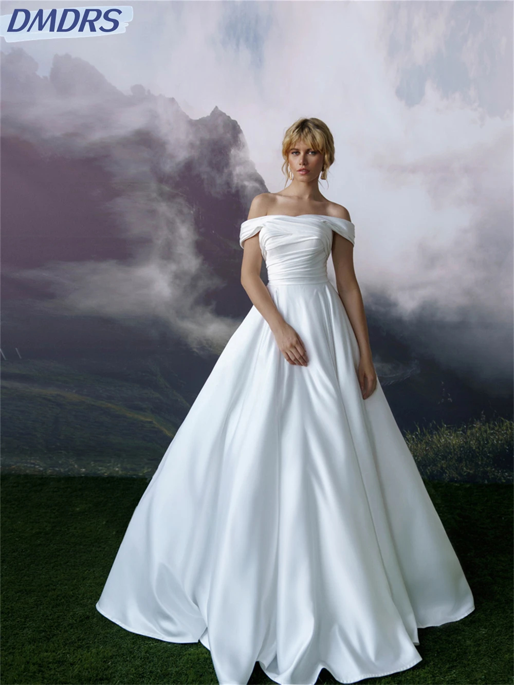 Einfaches Satin-Hochzeitskleid 2024, anmutiges schulterfreies Brautkleid, sexy, rückenfrei, bodenlang, Braut-Robe, Vestidos de Novia