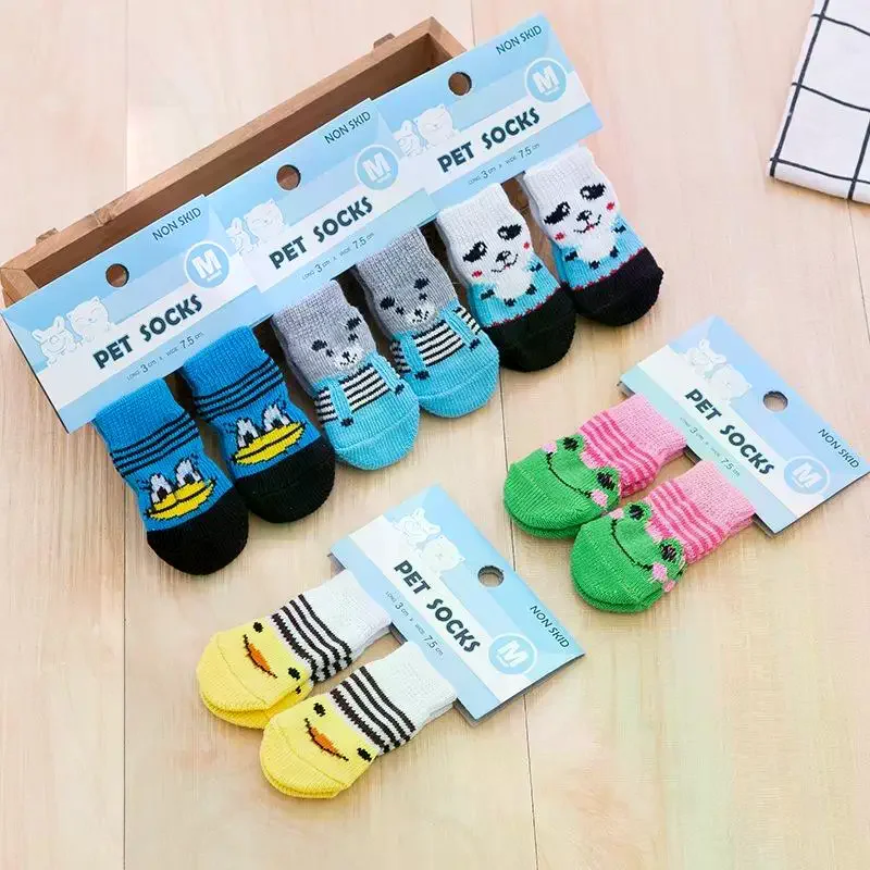 4Pcs Cartoon Pet Cat Dog Floor Anti-slip Socks Prevent Scratching And Dirt Warm Soft Pet Kitten Puppy Feet Paw Protector Socks