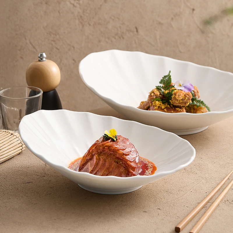 Creative White Inclined Salad Bowl Western Dish Simple Ceramic Deep Dish Irregular Hotel Tableware Plate Household Kitchenware