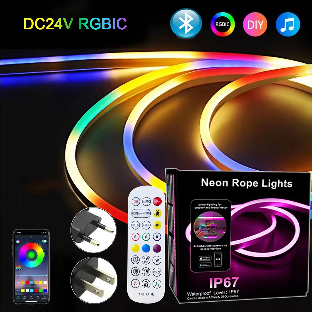 

Rgbic Neon Led Strip Light Dc 24V Bluetooth 5M 10M 20/15 Meter Neon Led Rope Light Outdoor Waterproof Led Band Ribbon Room Decor