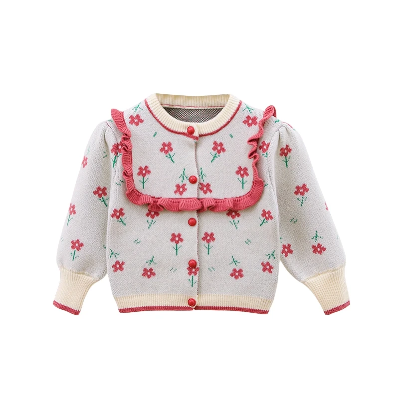 Baby Girls Ruffle Cardigan Long Sleeve Round Neck Floral Print Button Down Sweater Fall Tops