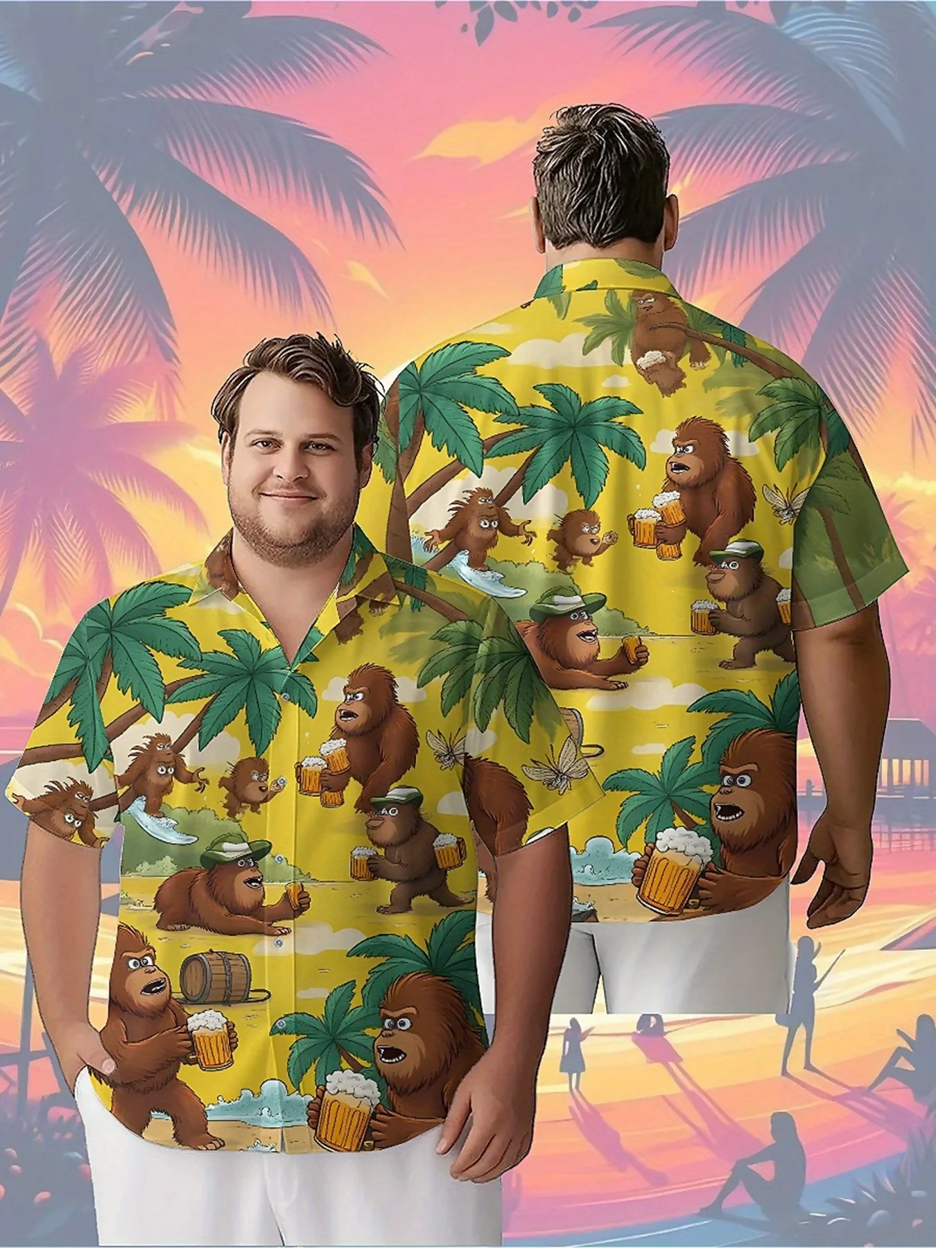 

Men's Plus Size Hawaiian Shirts Sasquatch Beer Party pattern, Button Up Shirts, Unisex Casual Clothing, Summer Tops
