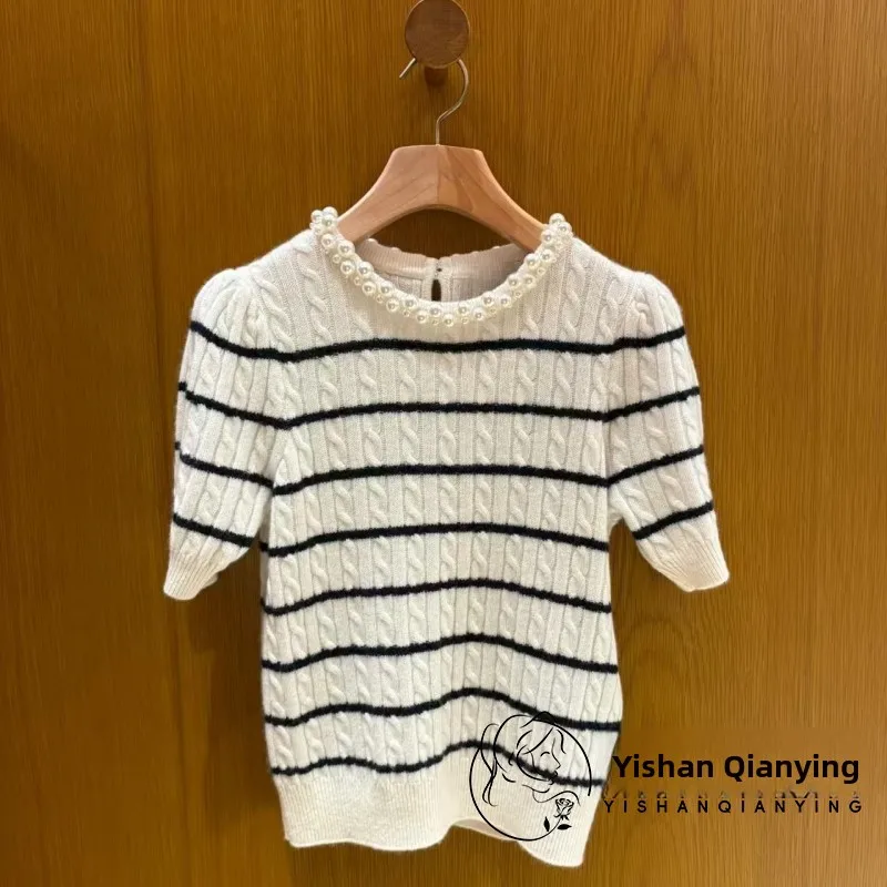 

Early Autumn Pearl round Ne Striped Knitwear ort Sve Embroidered Top Women's Commute Sle Regular Fit Knitt...