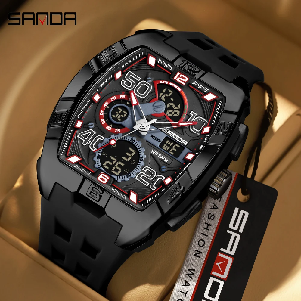 

SANDA Multi-function Dual Display Digital Watch Luminous Waterproof TPU Large Dial Chronograph Calendar Men's Sport Wristwatch
