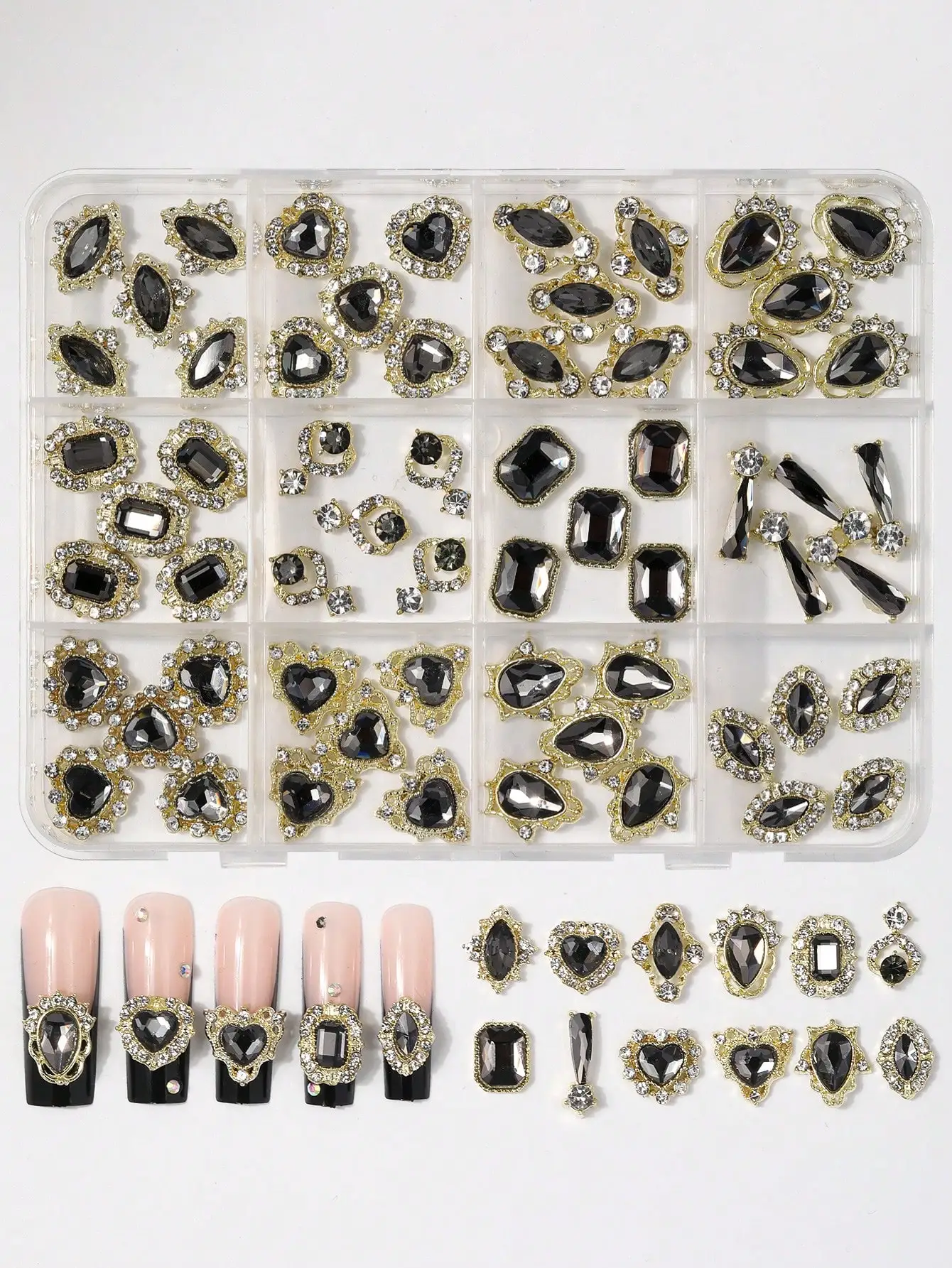 60PCS Goldlegierung Nagel Edelsteine Schwarz Strass Braut Party DIY Nail Art Kit