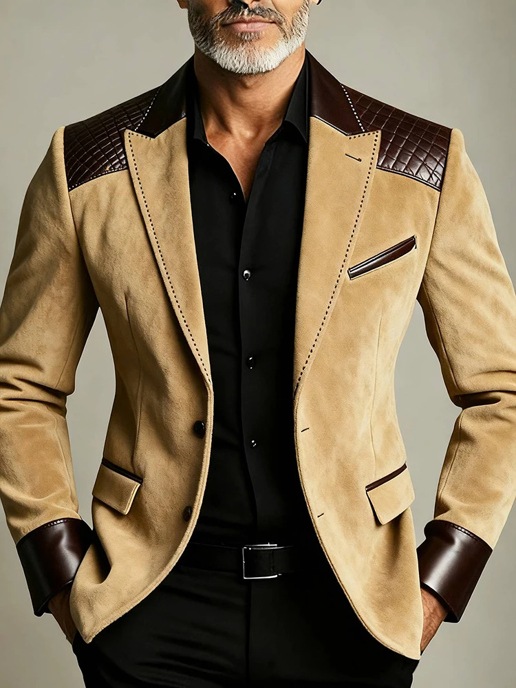

Men's Elegant Suede Suit Blazer Pu Leather Patchwork Pointed Collar Business Fashionable Vintage Suit Jacket Formal Party Blazer