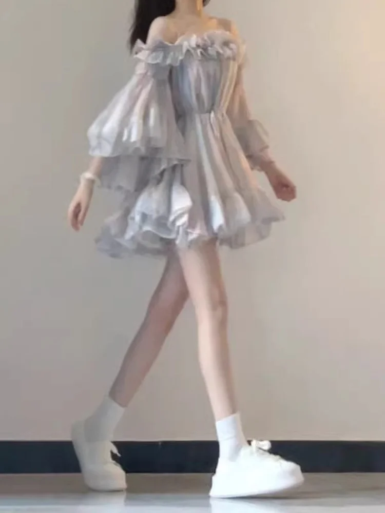 

Rouje Kefss Vintage One Shoulder Gored Skirt Dress Summer Unique Gentle Style High Waist Bubble Sleeve Casual Bicolor Short D...