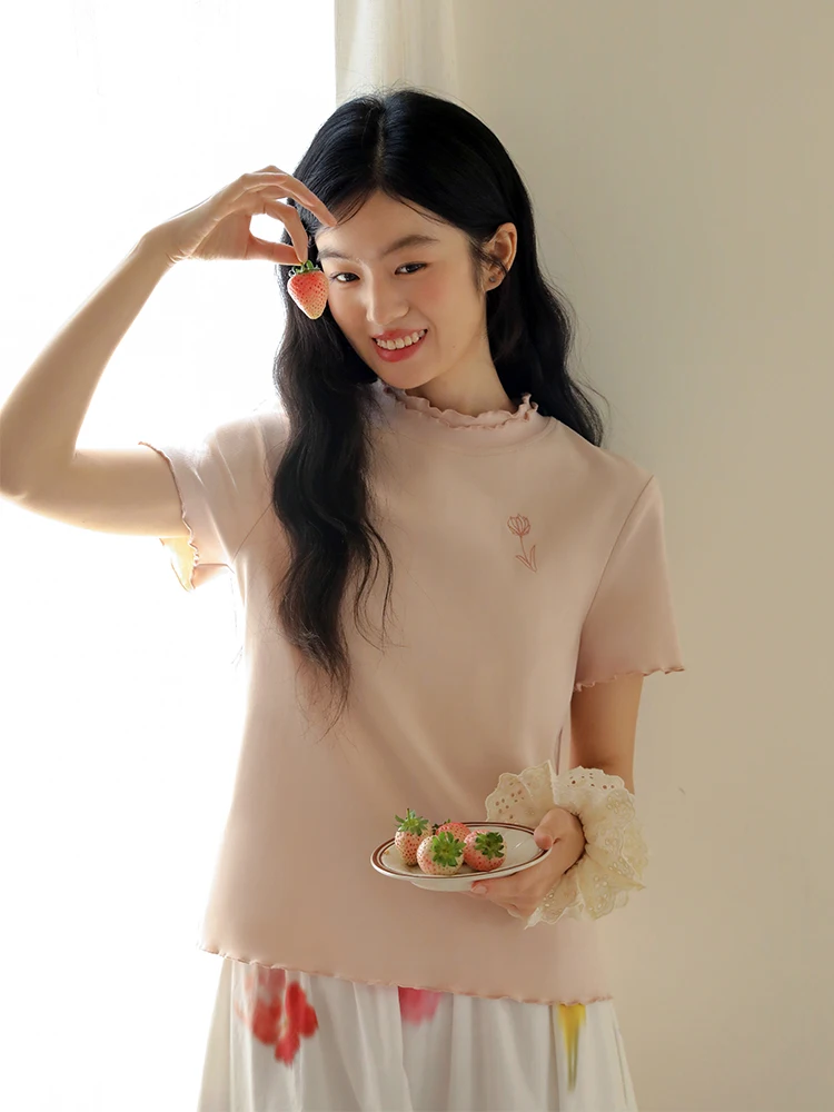 

Nesoulum Pink Embroidered ort Sve T-irt Women's Summer Vintage Wave Collar Design Waist-Inning Pure Cotton Top