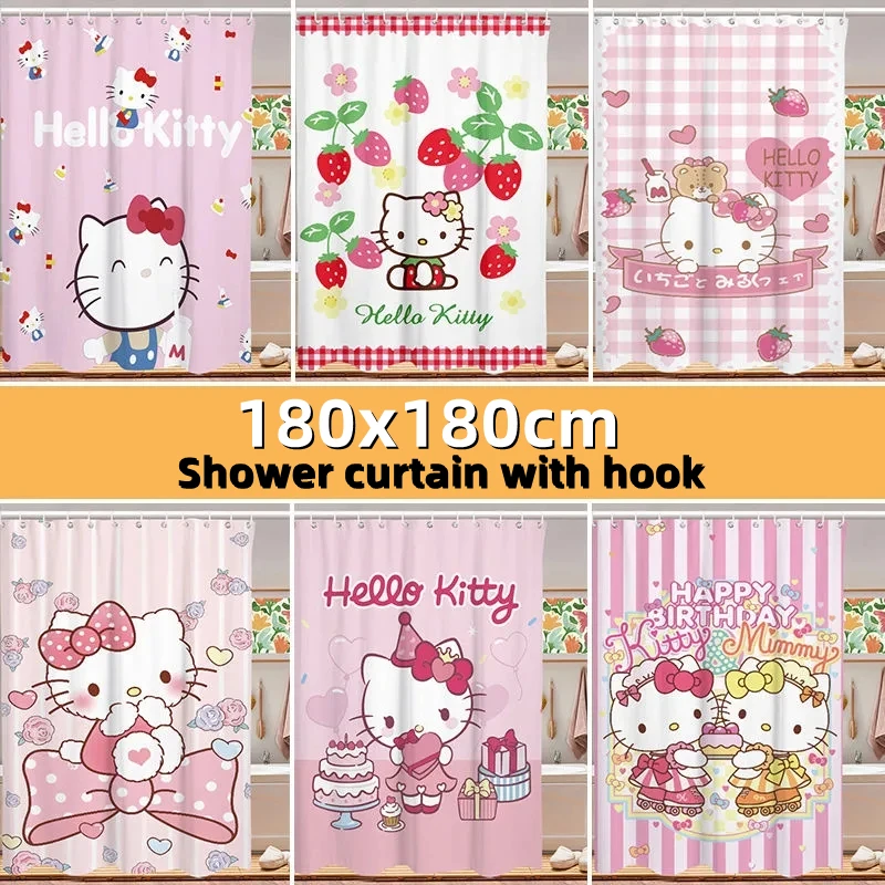 Kawaii Sanrio Hellokitty Cinnamoroll Mymelody Kuromi Cartoon Shower Curtain Waterproof Polyester Bathroom Curtain With Hook Gift