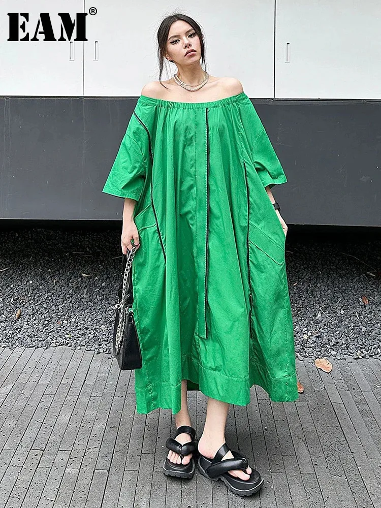 [EAM] Women Green Zipper Color-block Big Size Midi Dress New Round Neck Half Sleeve Fashion Tide Spring Summer 2024 1DH5468