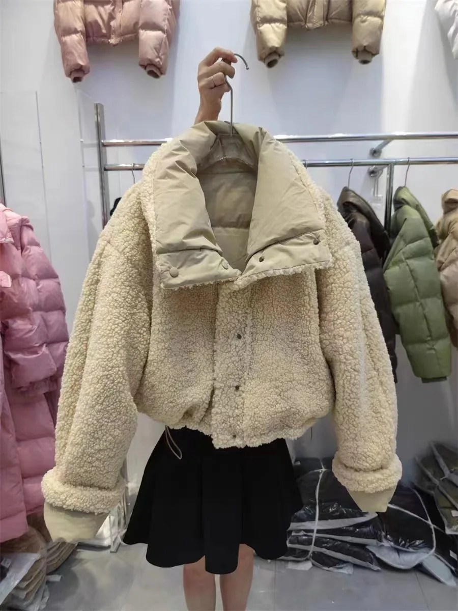 Stand Collar Drawstring Parkas Thicked Outerwears Lambswool Ropa Mujer 2024 Woman Casaco Autumn Winter Single Breasted Jacket