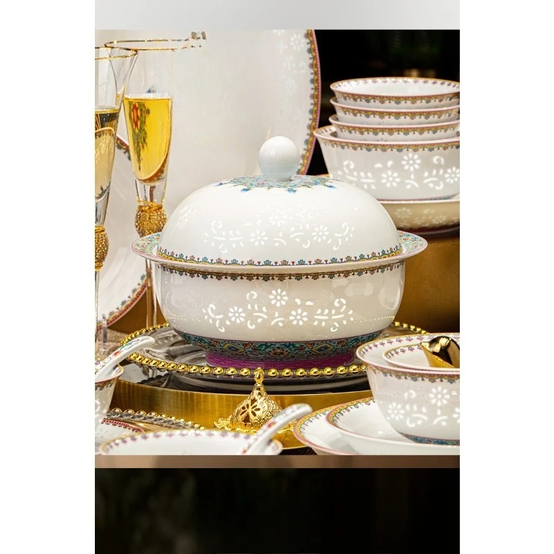 White porcelain porcelain tableware set, high-end luxury housewarming wedding gift set, 40-piece bowl set