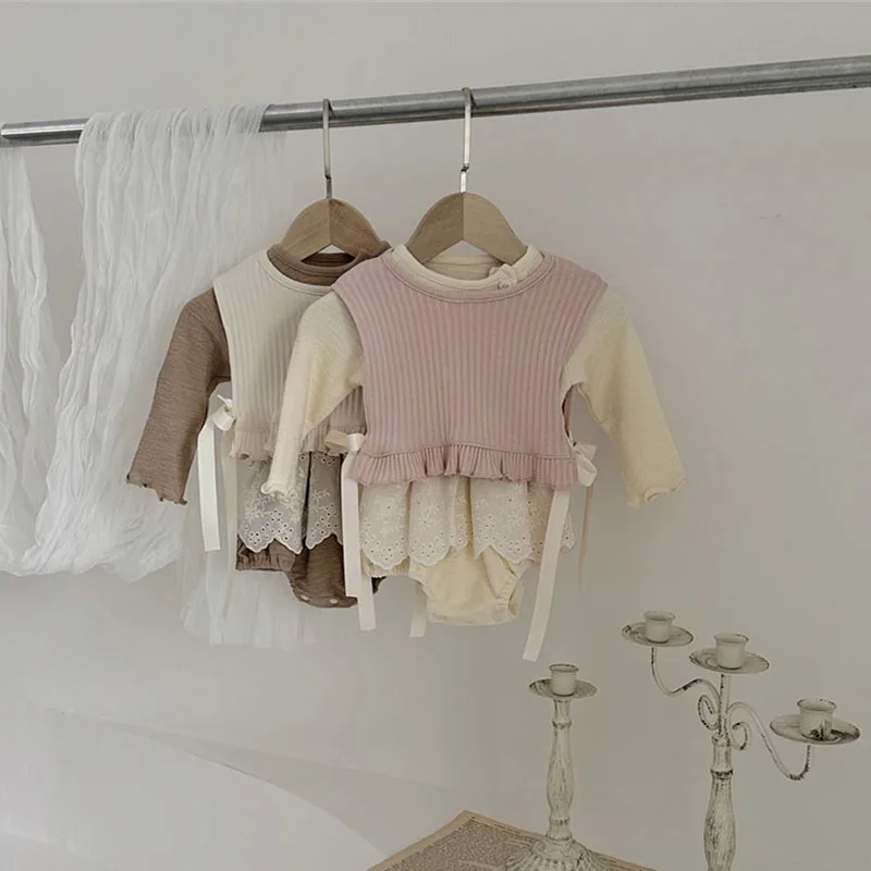 LILIGIRL New Autumn Baby Bodysuit 0-24M Toddler Cute Lace Thin Style One Piece Infant Girls Pit Strip Smock