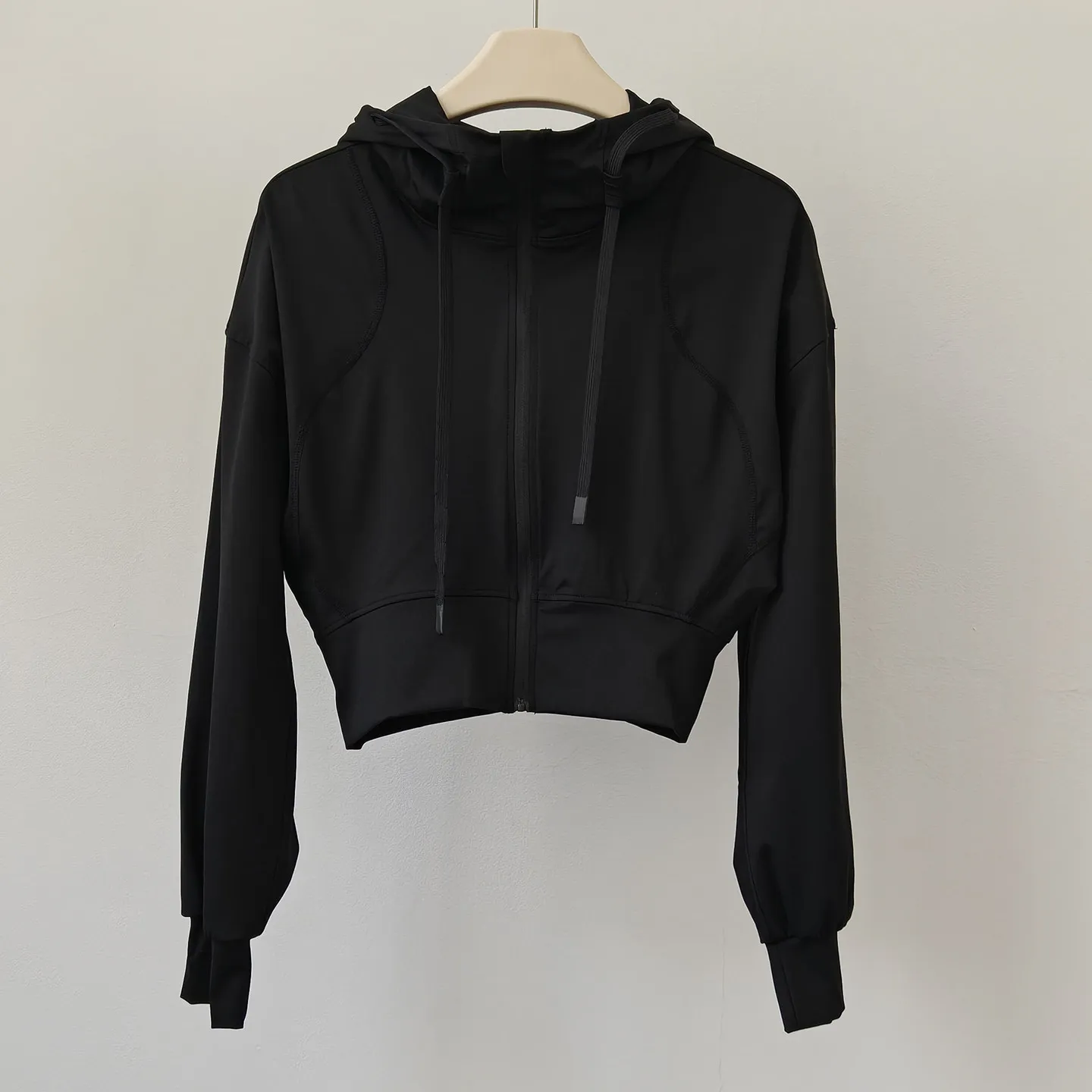 Damen Slim Fit Langarm Yoga-Oberteil Pilates-Trainingskleidung Kapuzen-Freizeitjacke Kurze Sportjacke Lockerer Mantel Shirt – Detail 9