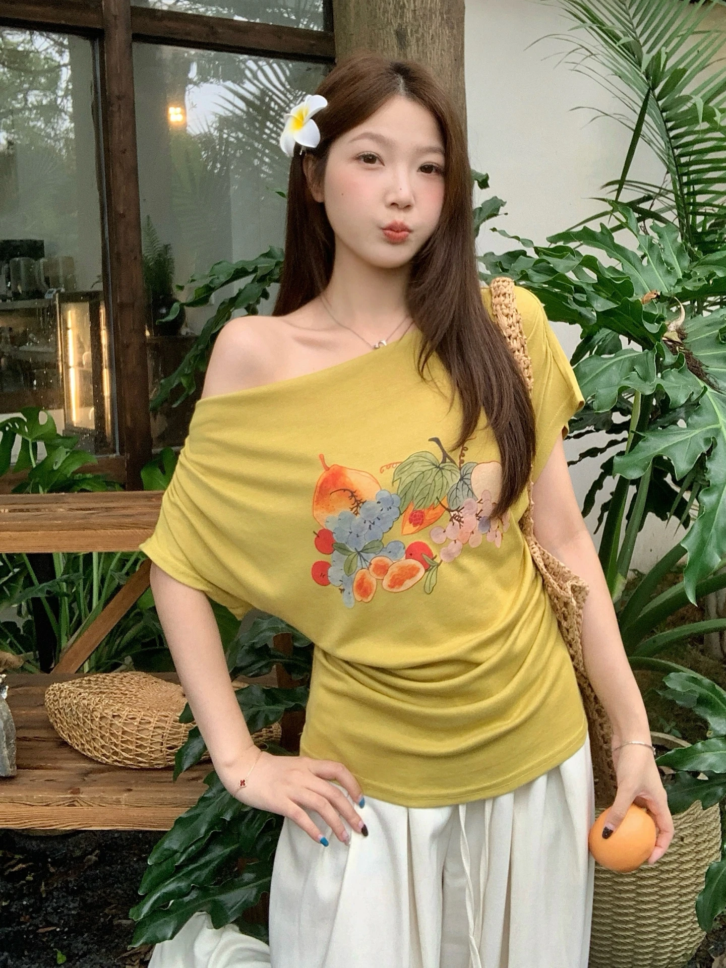 

Summer Short Sleeve T-Shirt Women's Base Shirt Print Design Shoulder Bared Slant Collar plus Size Stylish Commute Fashion