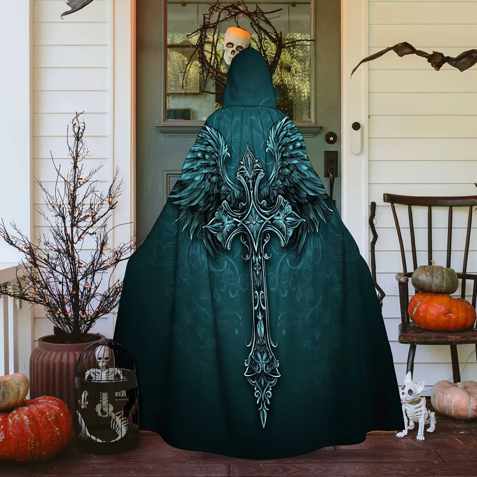 Printed Hooded Robe, Adult Cloak Cross Wings Elegant Design Adult Cloak Hooded Cloak Suitable for Men and Women