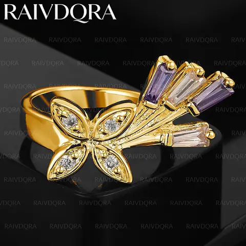 18K Gold Plated 8 Size Color Zircon Butterfly Wedding Ring For Women and Men Fashion Jewelry Noble Grace Engagement Accessories