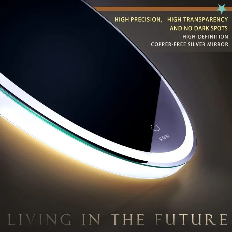 Grand Miroir d'Exposition Rond Moderne à LED, Température Réglable pour Documents, Anti-buée, Lumières à Intensité Réglable, Facile à Installer