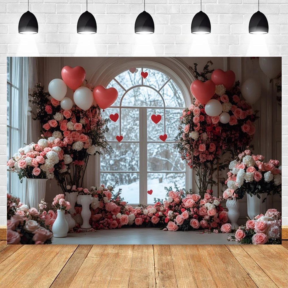 Valentine's Day Photography Backdrops Pink Flowers Love Heart Balloons Windows Wedding Party Bridal Shower Photo Background