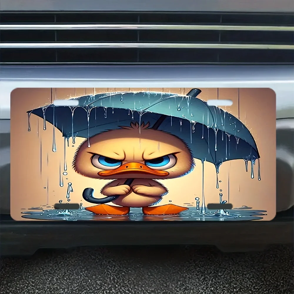 2D Flat-1pc Funny Little Duck License Plate with Angry Duck  Umbrella Design,Raindrop Number\Letter Holder,Suitable for Truck