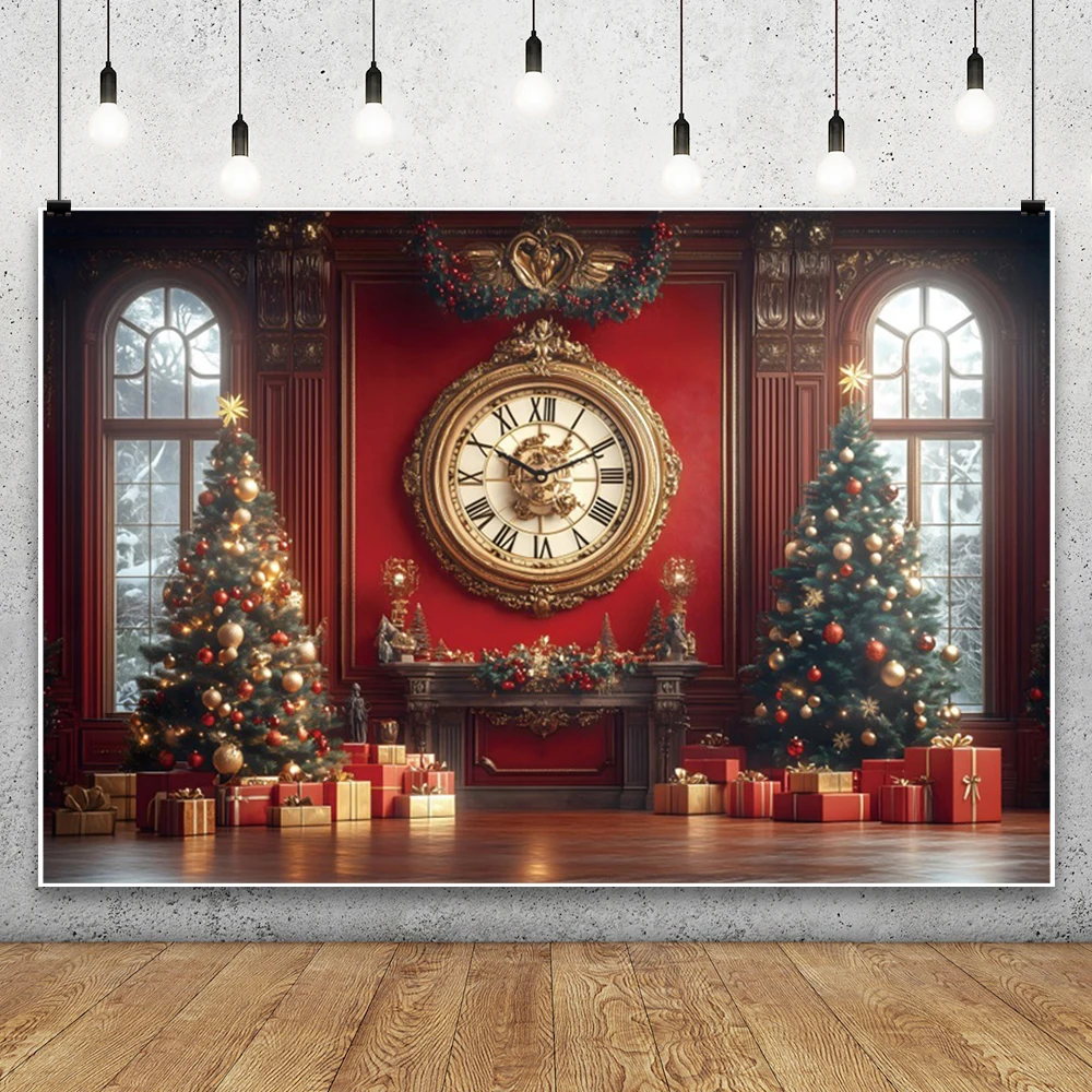 Fondo de Navidad rojo fotografía gigante Año nuevo reloj árbol de Navidad regalo chimenea invierno niños familia decoración interior telones de fondo