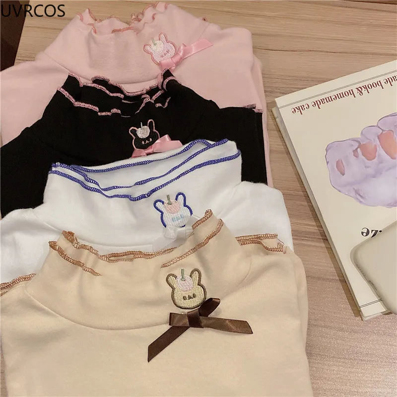 Japan Cute Long Sleeve T-shirts Women Sweet Rabbit Embroidery Ruffle Turtleneck Slim Tops Girly Autumn Winter Chic Y2k Basic Tee