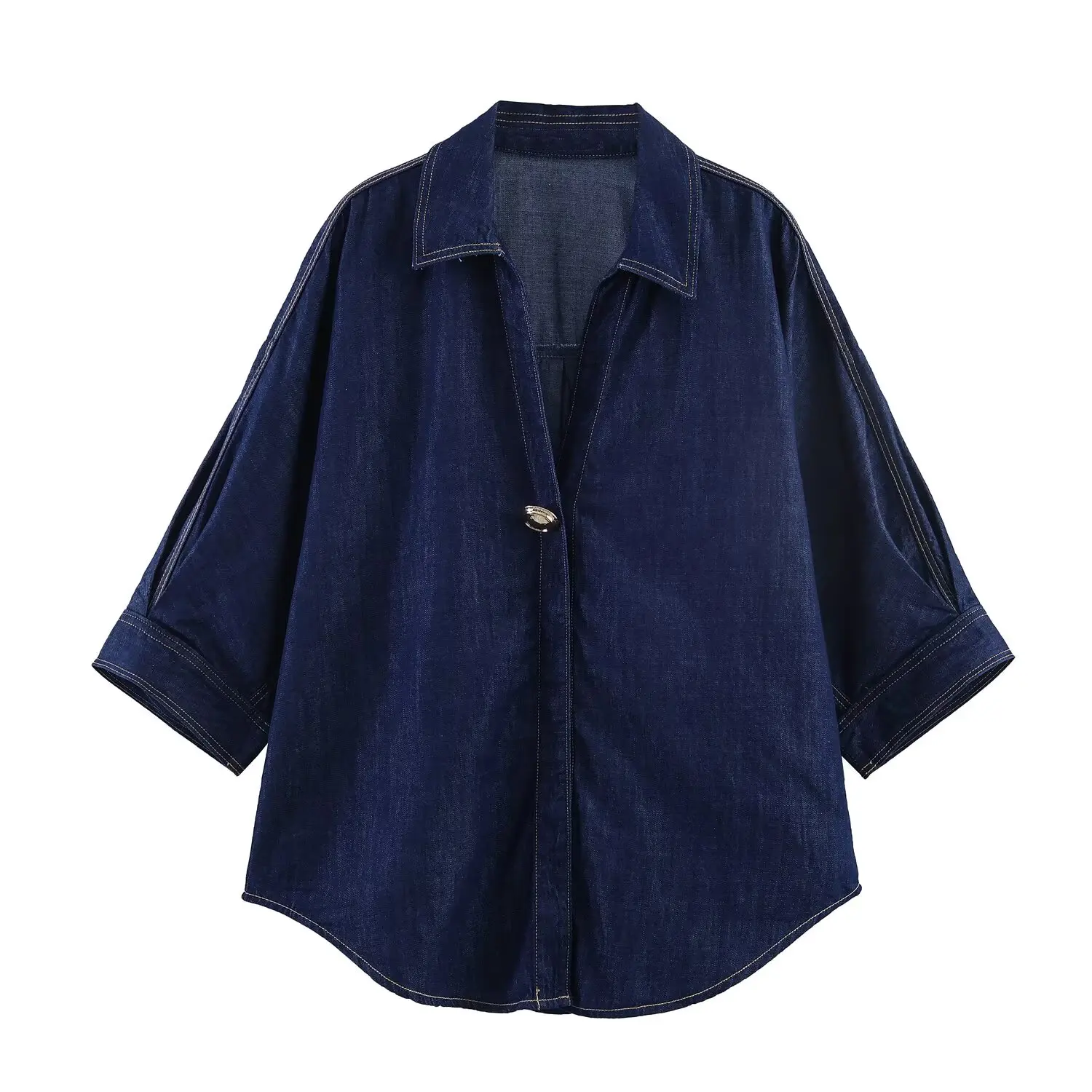 

ZYIG 2026 Весенняя новинка: Модная и универсальная женская джинсовая рубашка с коротким рукавом, воротником и декоративными пуговицами