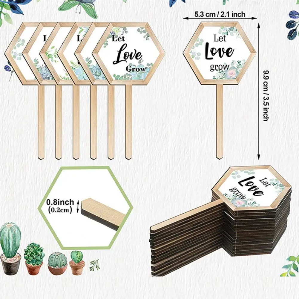 48Pcs Potted Let Grow Printing Hexagon Wooden Plant Stakes for Wedding Favors Garden Decoration