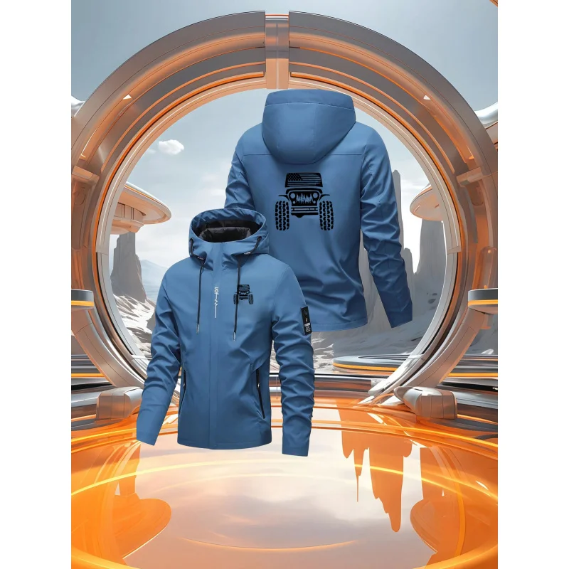 couple's windbreaker with off-road vehicle print，All-weather windproof outdoor mountaineering jacket for men and women