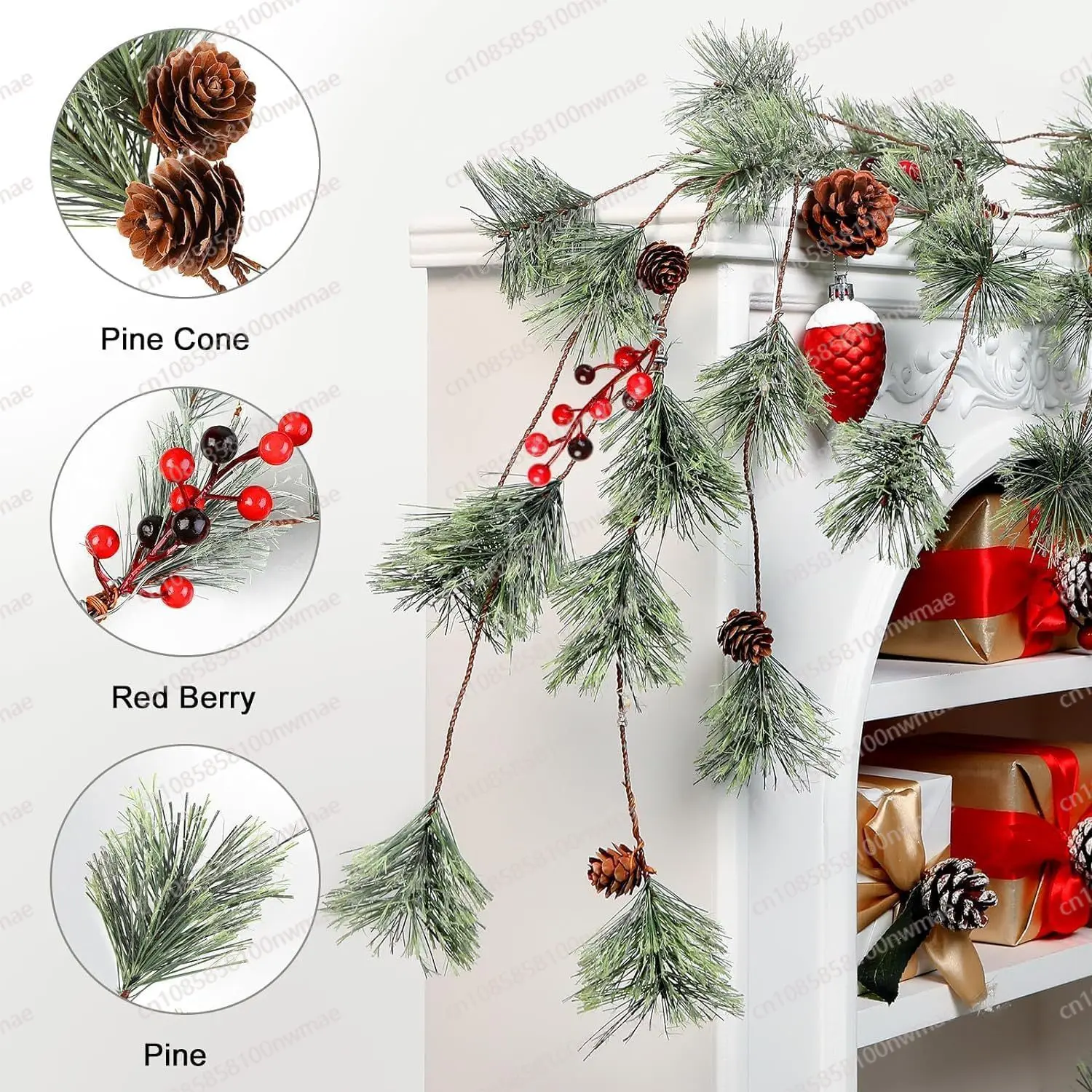 Christmas Flowers Pine Needles Rattan Bells Red Fruit Ornaments Wreaths, Holiday Home Dining Table Pendants Cedar