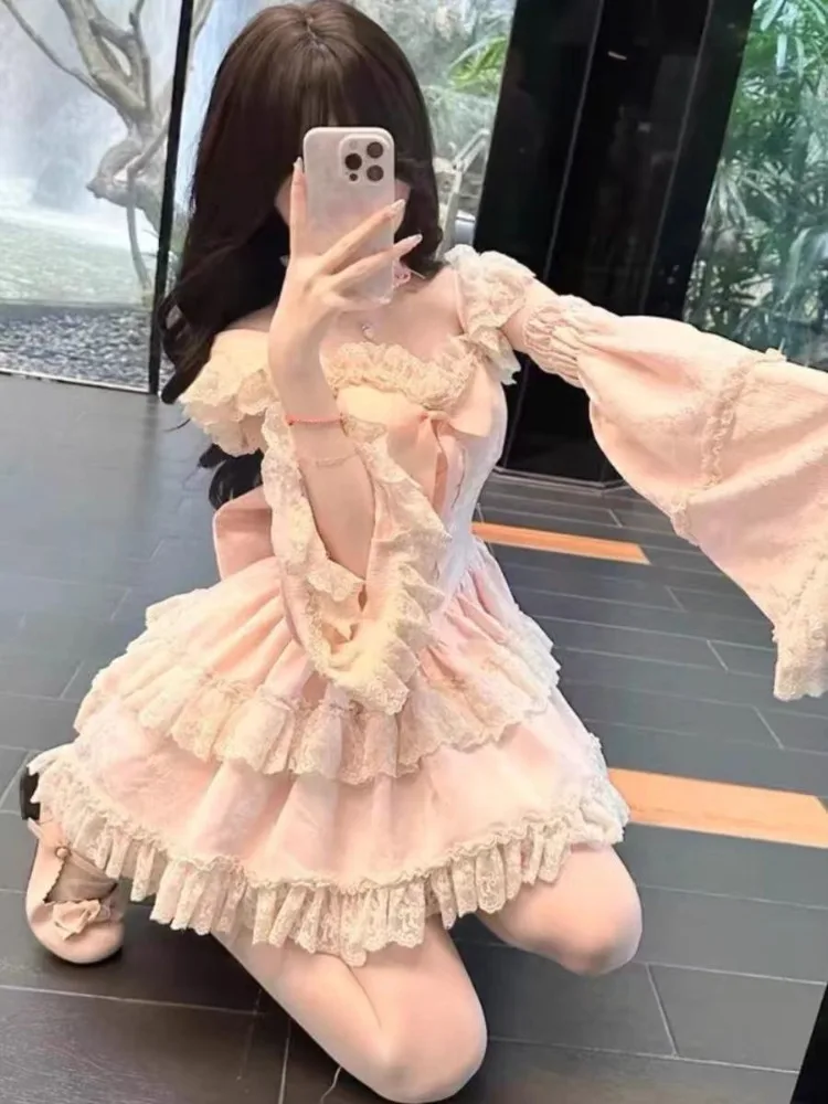 

Sweet Cute Lolita Dress for Women Bow Ruffles Lace Patchwork Cake Dresses 2025 Spring New Long Sleeve Vestidos De Mujer