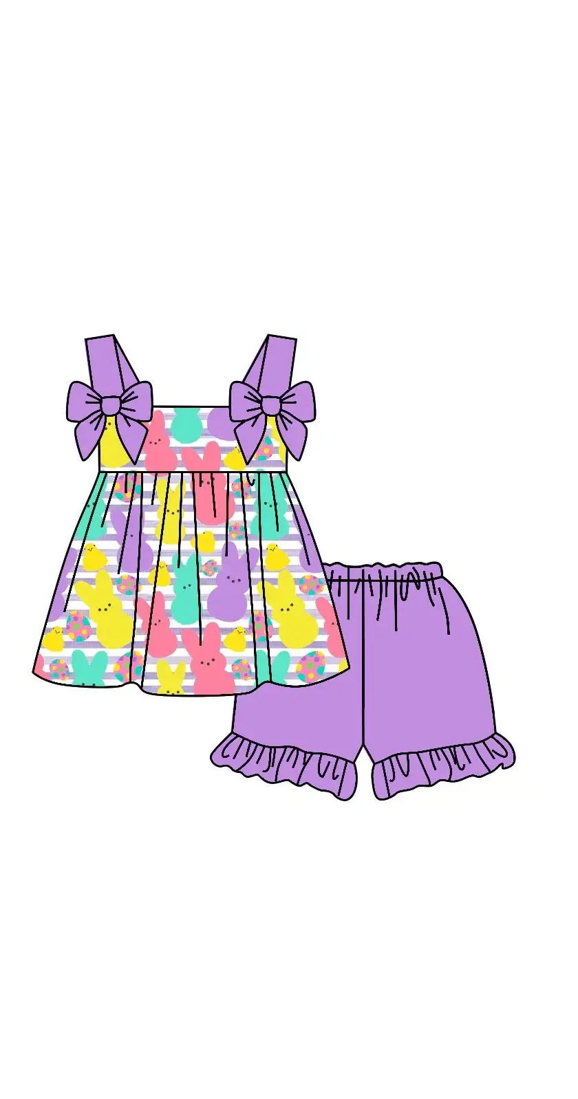 Cute Sleeveless Girls Easter Sets Bunny Shorts Outfits Boutique Summer Toddler Girl Bunny Ribbed Ruffle Onesie