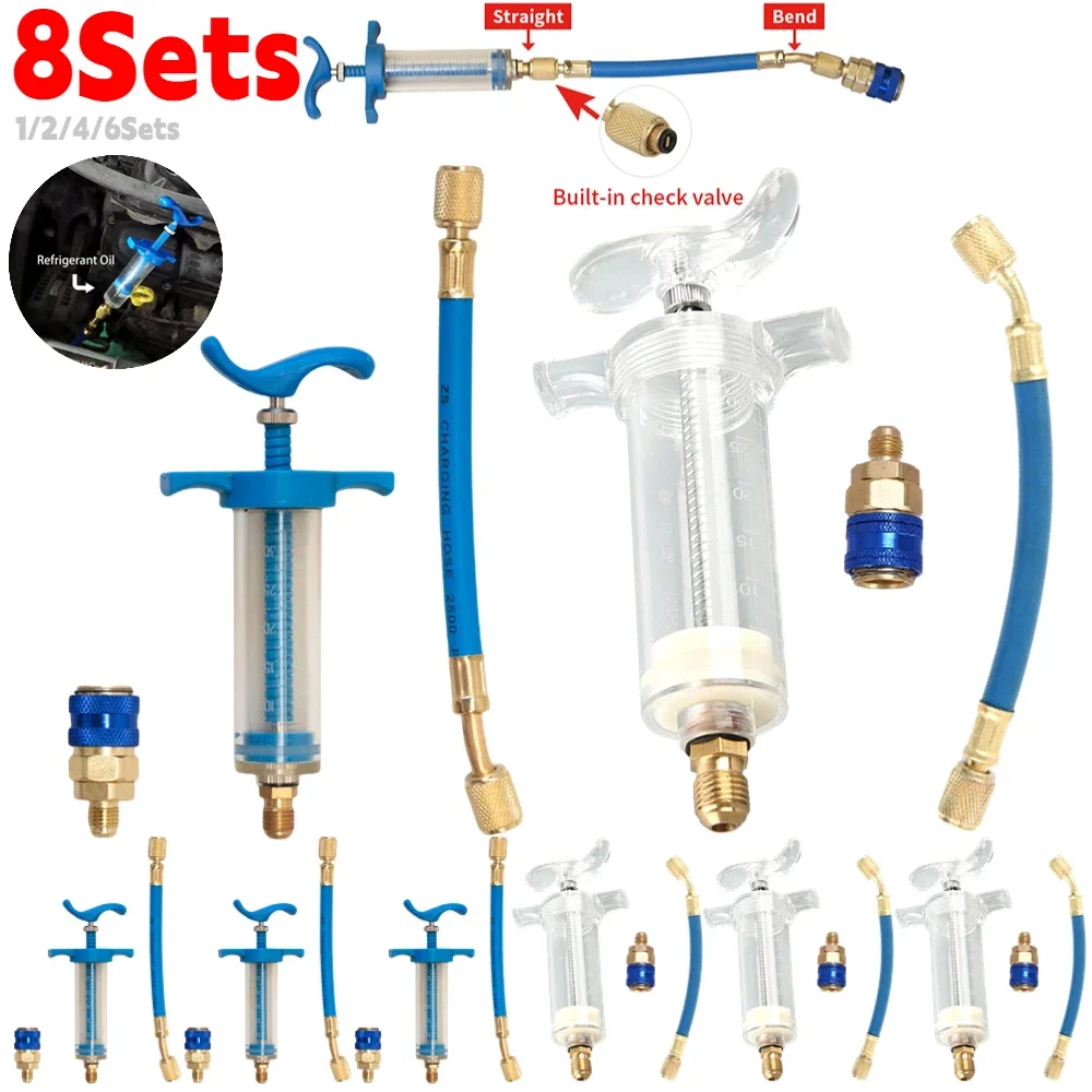8-1Sets Car A/C Oil/Dye Injector 1Oz Manual Oiler Injection Syringe R134A Low Side Quick Coupler Adapter Air Conditioning Tools