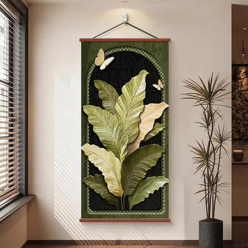 Wall Art Hawaiian Tropical Large Leaf Scroll Hanging, Butterfly Print Fabric Wall Decor for Living Room Entryway No Drill