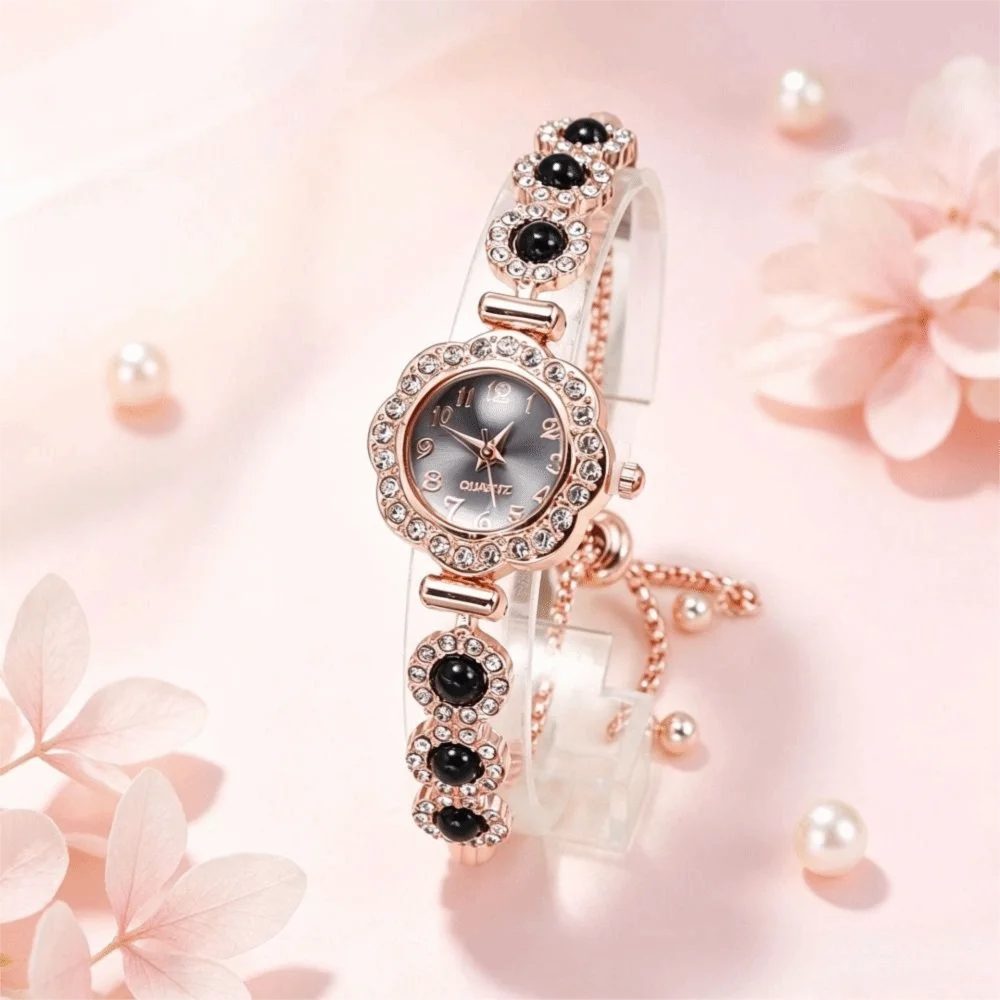 Exquisite Elegant Bracelet Watch Adjustable Rhinestone Quartz Watch Alloy Flower Shape Chain Watch for Women Girls