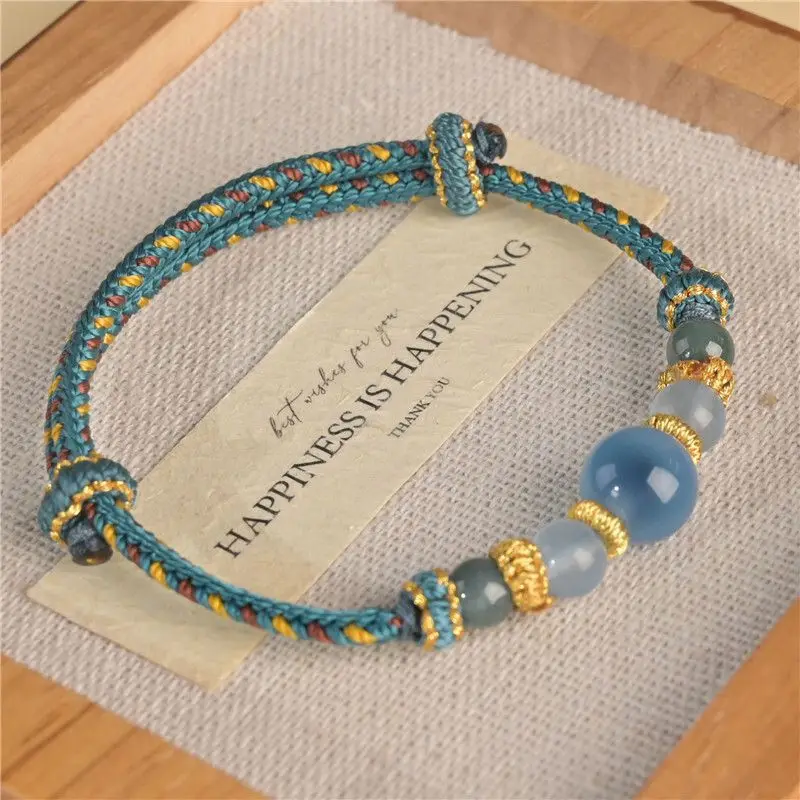 Chinese Style Lucky Blue Sugar Heart Agate Bead Bracelet Dunhuang Color Hand Woven Eight Strand Tidal Blue Rope Couple Blessing