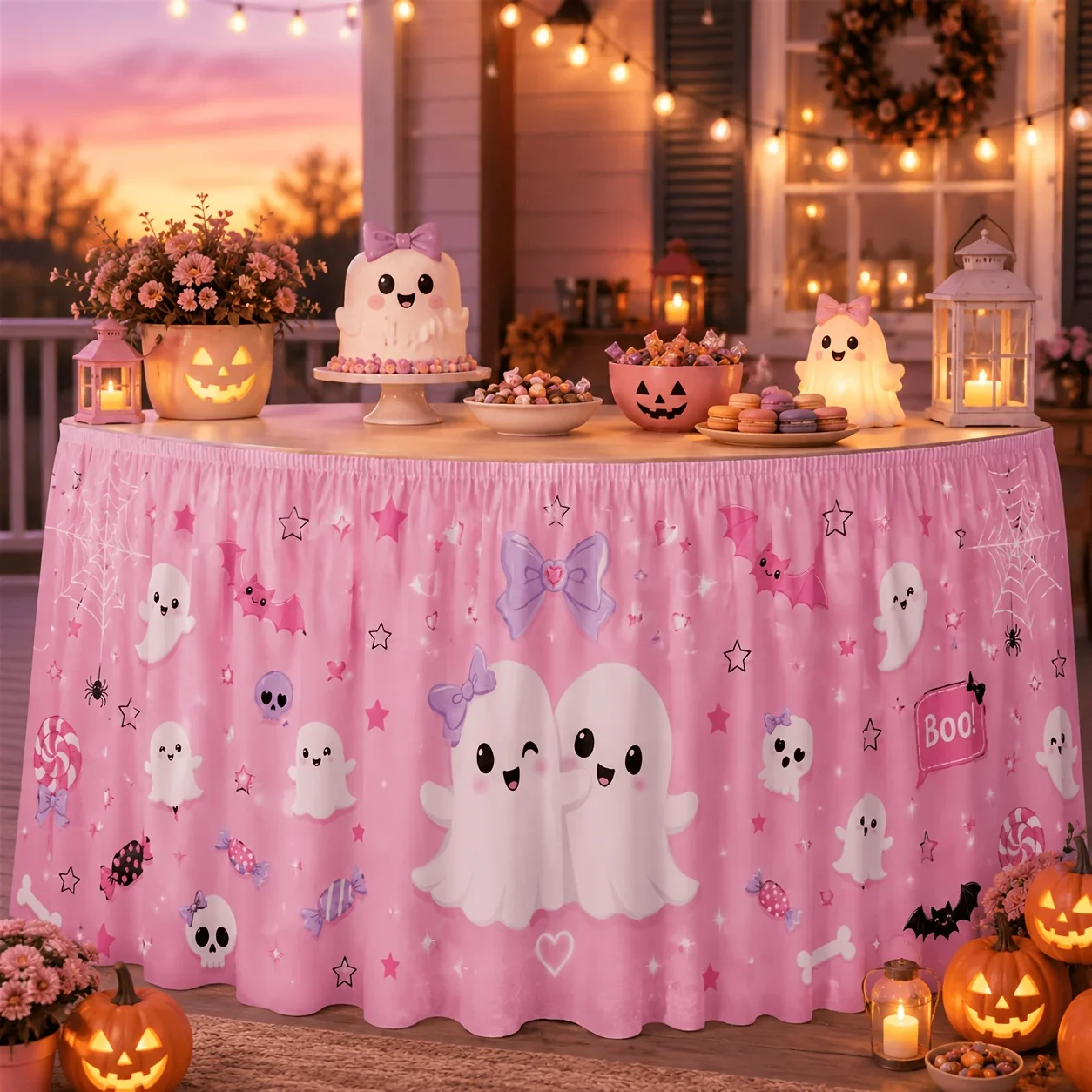 One tablecloth, suitable for Halloween. Decorated with candy canes, bat, spider web, skull, stars and hearts.xzj