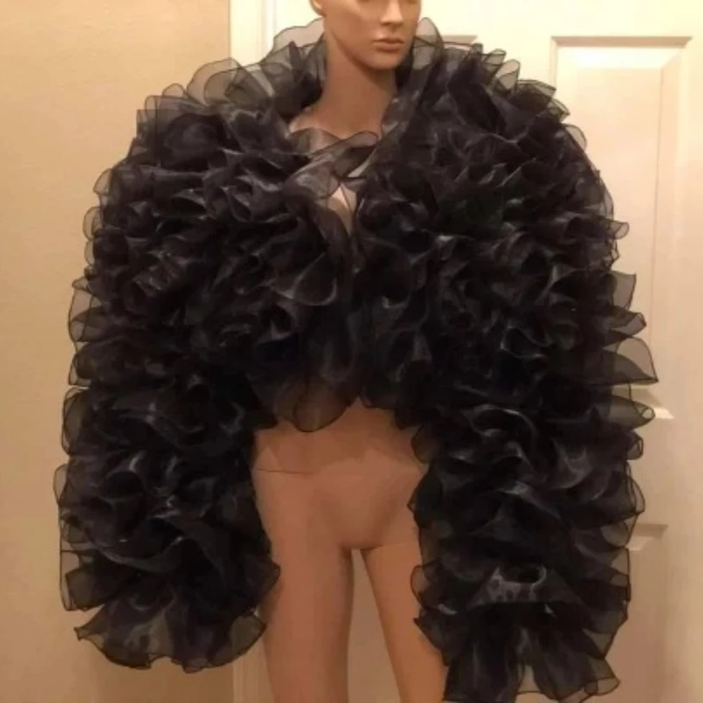 Image réelle noir volants Tulle courte femmes veste luxuriante drapé Mini Tulle maille femmes haut tenue couleur taille libre