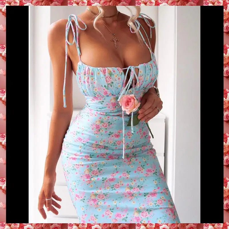 Abito lungo aderente floreale estivo da donna Abito lungo bohémien senza maniche con cinturino per spaghetti