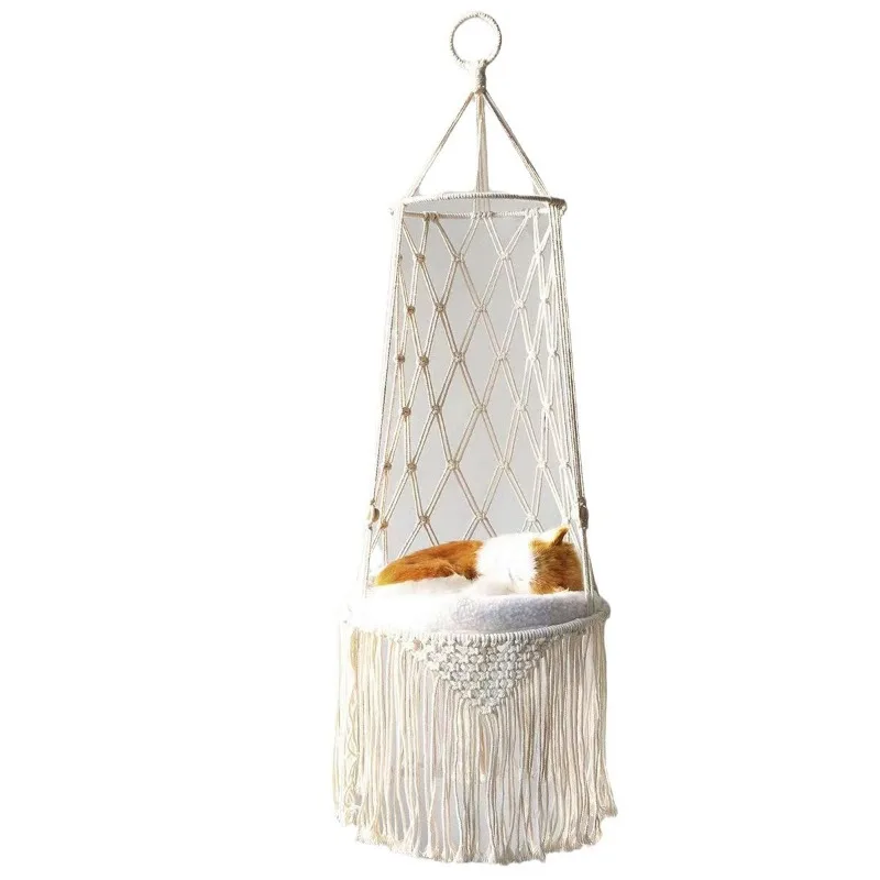 Tall Enclosed Macrame Hanging Cat Bed Cotton Rope Long Tassel Pet Hammock With Removable Soft Cushion