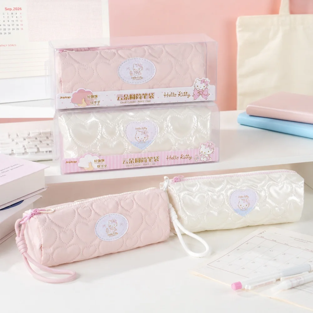 Genuine Sanrio Hello Kitty Sweet Pink Cloud Cylinder Pencil Case Large Capacity Quilted Pen Pouch for School Office Desk Storage