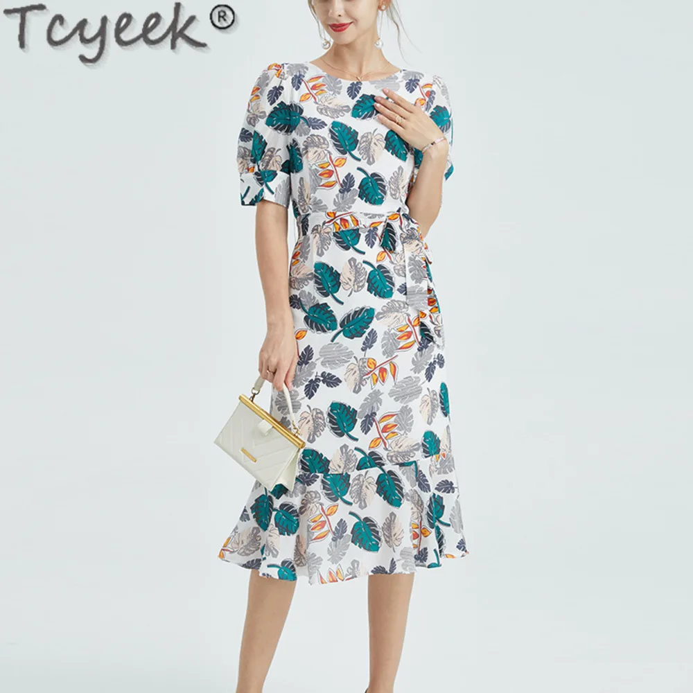 Vestido de seda mulberry para mulheres, moda com o pescoço, elegante e bonito, roupas com renda, 100% Tcyeek