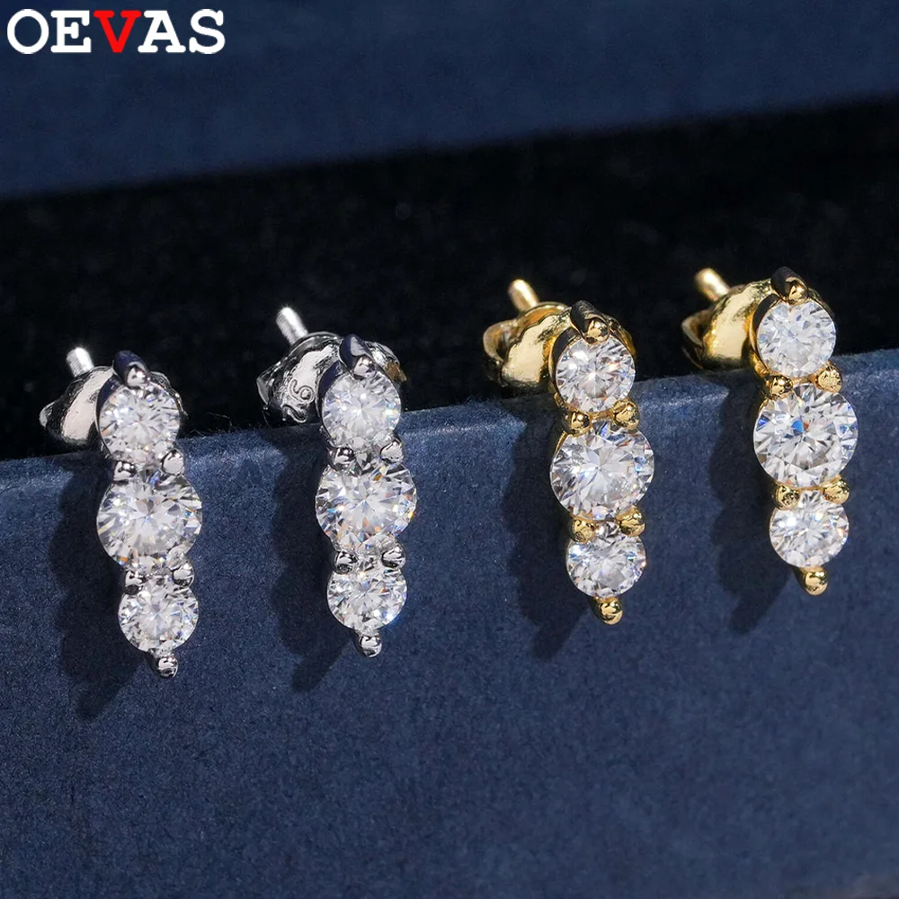 

Женские серьги-гвоздики OEVAS с муассанитом S925, посеребренные, 18-каратное золото, цвет D, лабораторный бриллиант, 3 камня, серьги-гвоздики, вечерние ювелирные украшения