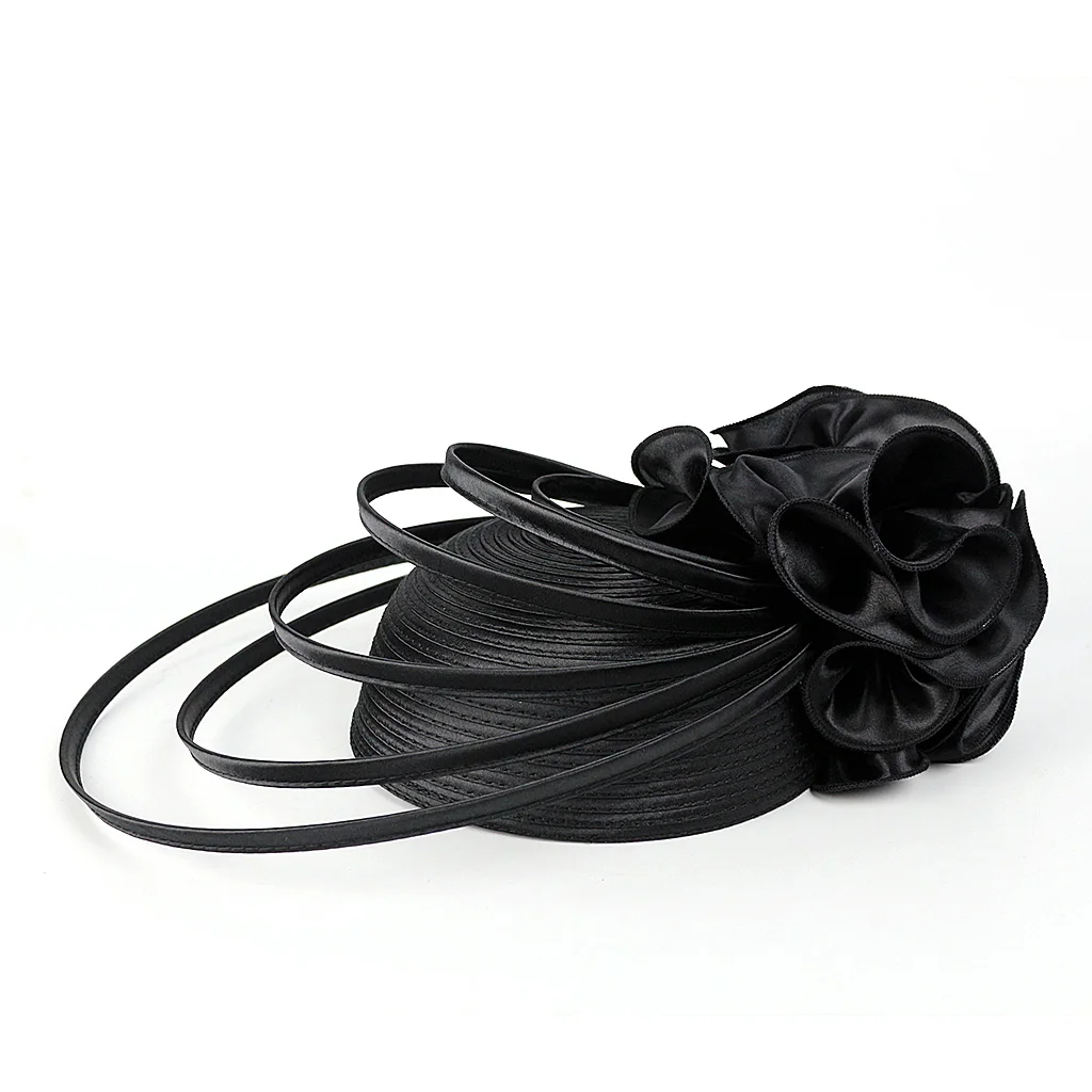 قبعة الكنيسة الساتان النسائية الفاخرة الفريدة من نوعها لحفلات الزفاف، قبعة رسمية رائعة على شكل زهرة ساحرة، إكسسوارات التصوير الفوتوغرافي