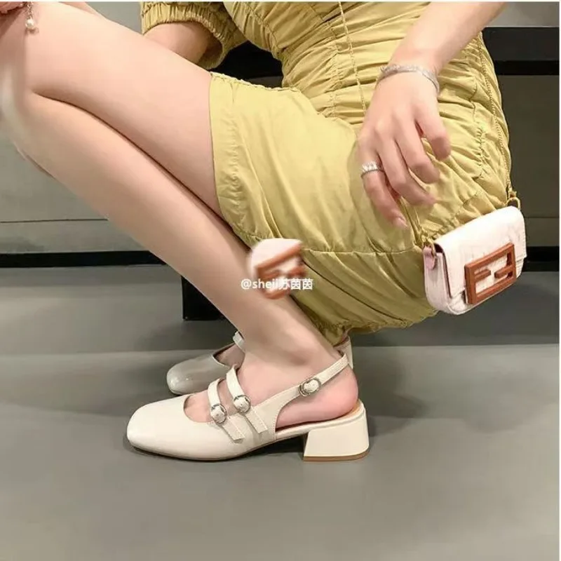 Designer Classic Mary Jeans Woman Patent Leather Med-High Heels Sandals Two Buckle Belt Strap Shoes Slingback Lolita Footwear
