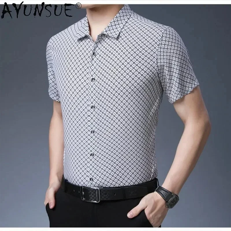 

New 92% Mulberry Real Silk Shirt for Men Short Sleeved Men's Clothing Elastic Satin Tops Loose Casual Man Shirts Clothes Camisas