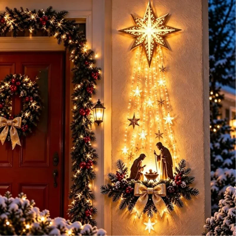 LED Lighted Nativity Scene Wall Decor Bethlehem Star String Light Holy Family Wreath Christma Hanging Ornament for Home Entryway